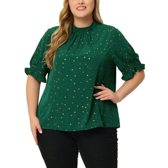 Agnes Orinda Women's Plus Size Pleated Mock Neck Star Print Puff Sleeve Blouse 1X Green