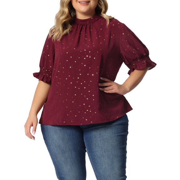 Agnes Orinda Women's Plus Size Pleated Mock Neck Star Print Puff Sleeve Blouse 4X Red
