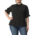 thumbnail image 1 of Agnes Orinda Women's Plus Size Pleated Mock Neck Star Print Puff Sleeve Blouse 1X Black, 1 of 7