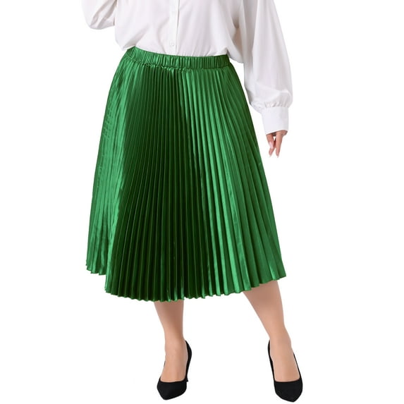 Agnes Orinda Women's Plus?Size?Pleated Stretchy High Waist Metallic Shiny Midi Skirt 1X Green