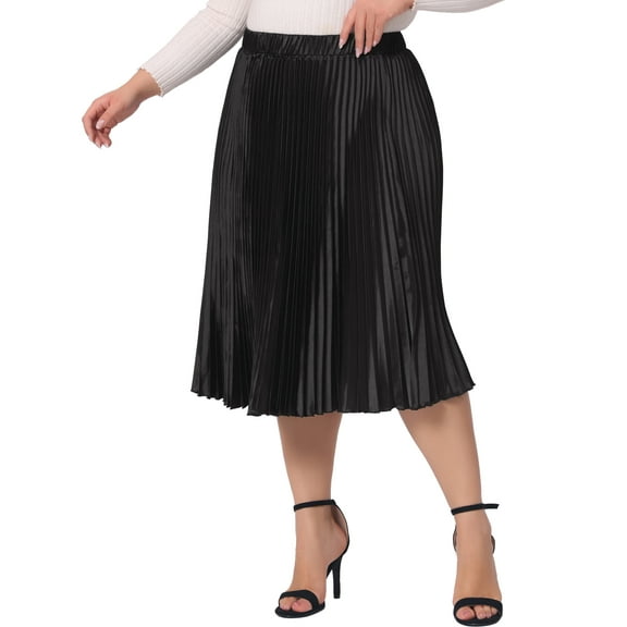 Agnes Orinda Women's Plus?Size?Pleated Stretchy High Waist Metallic Shiny Midi Skirt 1X Black