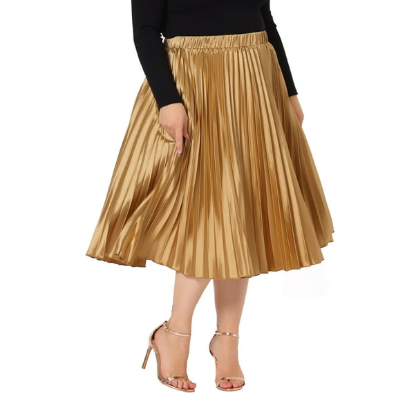 Agnes Orinda Women's Plus?Size?Pleated Stretchy High Waist Metallic Shiny Midi Skirt 1X Gold