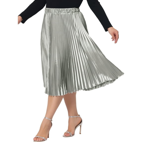 Agnes Orinda Women's Plus?Size?Pleated Stretchy High Waist Metallic Shiny Midi Skirt 4X Silver