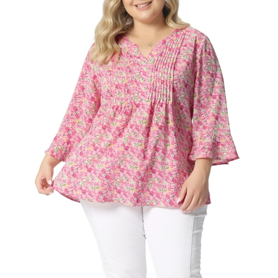 Agnes Orinda Women's Plus Size Pleated V Neck 3/4 Sleeves Floral Blouse 1X Pink