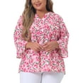 thumbnail image 1 of Agnes Orinda Women's Plus Size Pleated V Neck 3/4 Sleeves Floral Blouse 2X Dark Pink, 1 of 6