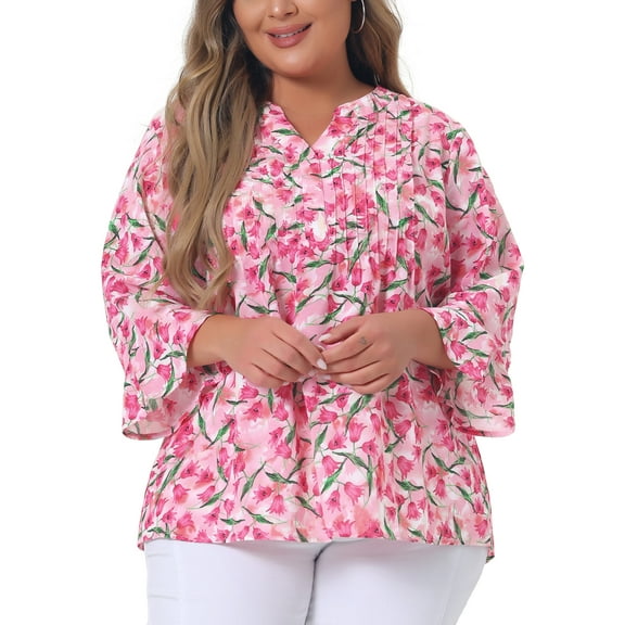 Agnes Orinda Women's Plus Size Pleated V Neck 3/4 Sleeves Floral Blouse 2X Dark Pink