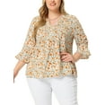 thumbnail image 1 of Agnes Orinda Women's Plus Size Pleated V Neck 3/4 Sleeves Floral Blouse 3X White, 1 of 6