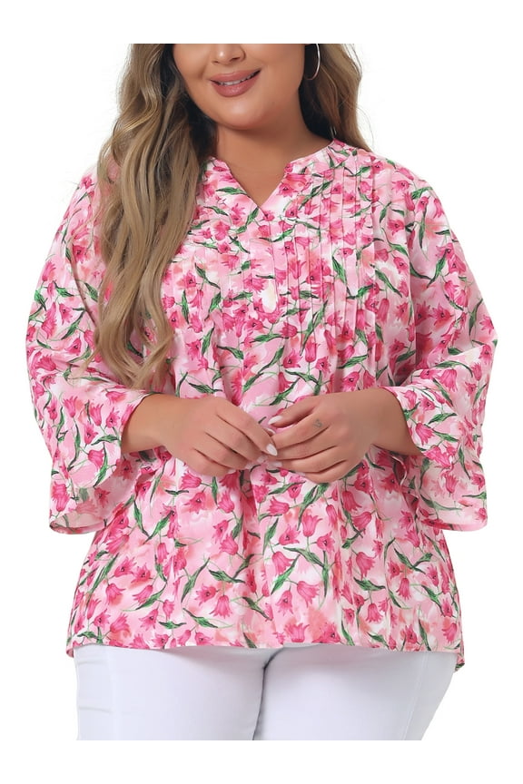 Women's Plus Size Pleated V Neck 3/4 Sleeves Floral Blouse 4X Dark Pink