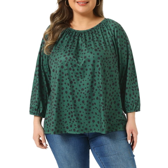 Agnes Orinda Women's Plus Size Polka Dot 3/4 Sleeve  Blouses Casual Tunic Crew Neck Shirts 2X Dark Green
