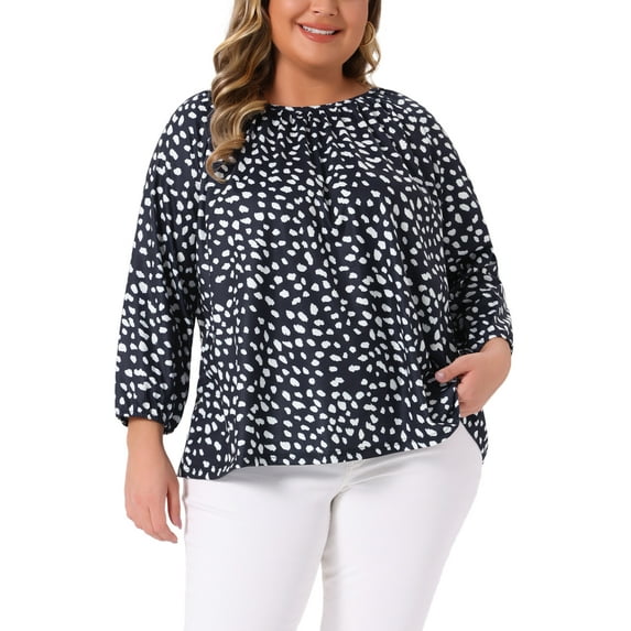 Agnes Orinda Women's Plus Size Polka Dot 3/4 Sleeve Blouses Casual Tunic Crew Neck Shirts 1X Navy Blue