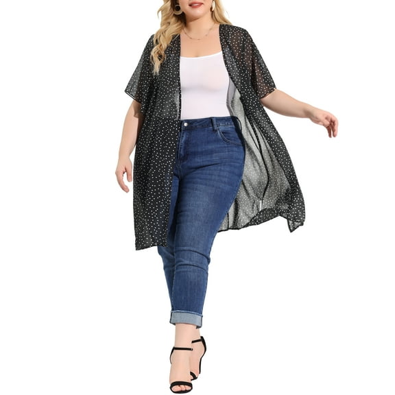 Agnes Orinda Women's Plus Size Polka Dots Bell Sleeve Chiffon Summer Cardigan 1X Black