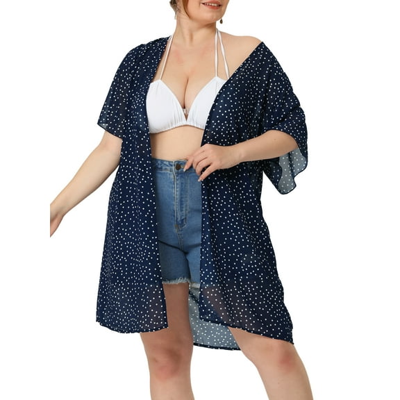 Agnes Orinda Women's Plus Size Polka Dots Bell Sleeve Chiffon Summer Cardigan 1X Dark Blue