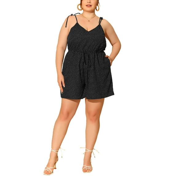 Agnes Orinda Women's Plus Size Polka Dots Elastic High Waist Strap Pockets Cami Jumpsuits