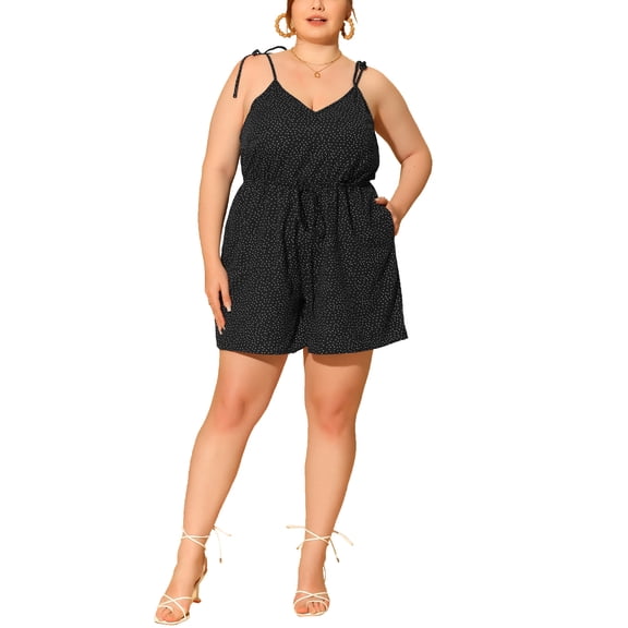 Agnes Orinda Women's Plus Size Polka Dots Elastic High Waist Strap Pockets Cami Jumpsuits