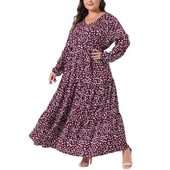 Plus Size Women's Polka Dots Long Maxi Dress Lantern Sleeve Ruffle Hem Flowy Boho Dresses 2X Dark Red