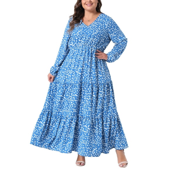 Plus Size Women's Polka Dots Long Maxi Dress Lantern Sleeve Ruffle Hem Flowy Boho Dresses 3X Blue