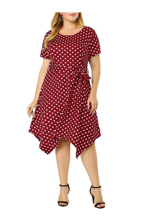Women's Plus Size Easter Polka Dots Short Sleeve High Low Hem Tie Waist Flare Midi Dresses 2X Wine Red