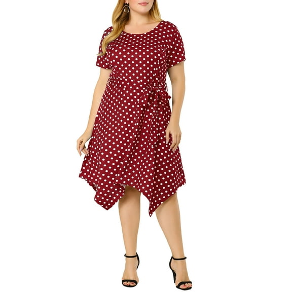 Agnes Orinda Women's Plus Size Valentines Day Polka Dots Short Sleeve High Low Hem Tie Waist Flare Midi Dresses 3X Wine Red