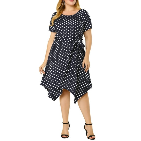 Agnes Orinda Women's Plus Size Valentines Day Polka Dots Short Sleeve High Low Hem Tie Waist Flare Midi Dresses 4X Navy Blue