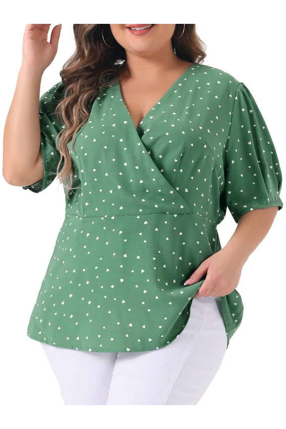 Women's Plus Size Valentines Day Polka Dots V Neck Short Sleeve Peplum Wrap Top 3X Green