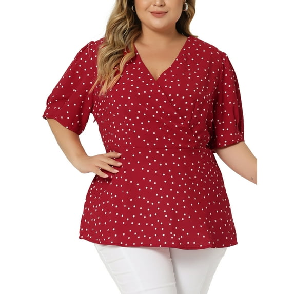 Agnes Orinda Women's Plus Size Valentines Day Polka Dots V Neck Short Sleeve Peplum Wrap Top 3X Red