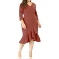 thumbnail image 1 of GRACE & GRANDEUR Women's Plus Size Valentines Day Bodycon V-Neck 3/4 Sleeve Slim Ruffle Hem Wrap Dresses 1X Brick Red, 1 of 9