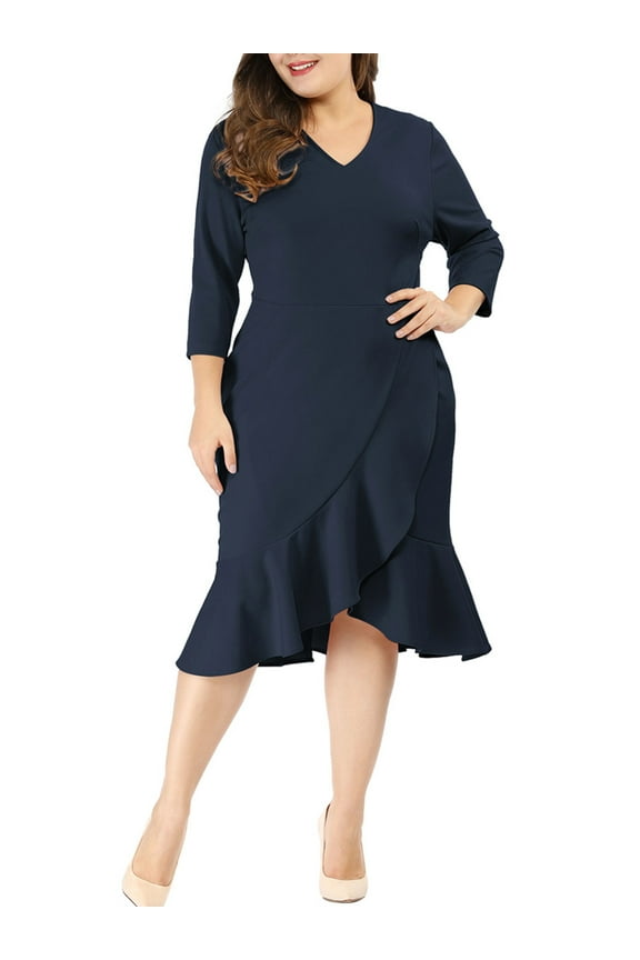 Women's Plus Size Office Bodycon V-Neck 3/4 Sleeves Ruffled Hem Wrap Dresses 3X Blue