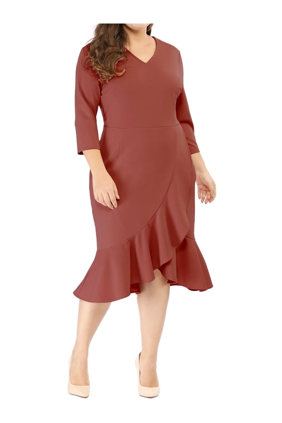 Women's Plus Size Office Bodycon V-Neck 3/4 Sleeves Ruffled Hem Wrap Dresses 3X Brick Red