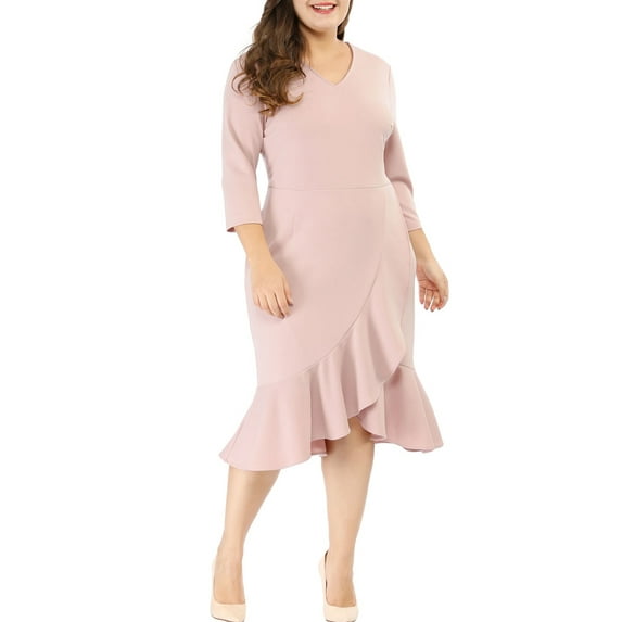 GRACE & GRANDEUR Women's Plus Size Valentines Day Bodycon V-Neck 3/4 Sleeve Slim Ruffle Hem Wrap Dresses 4X Pink