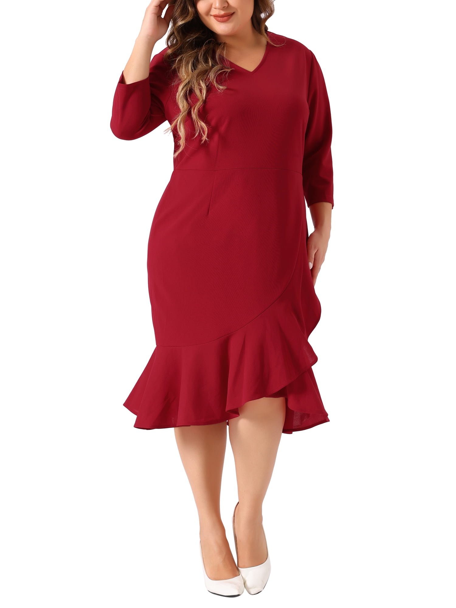 Agnes Orinda Women's Plus Size Prom Cocktail Ruffle Hem Wrap Bodycon Midi Dresses 3X Red