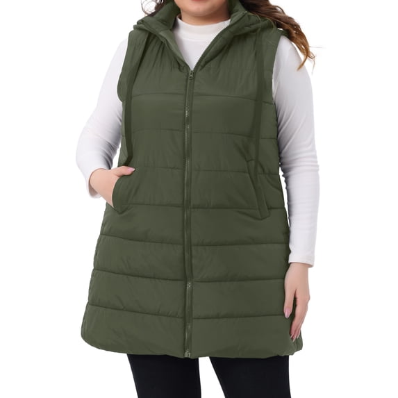 Agnes Orinda Women's Plus Size Quilted Long Vest Hooded Zip up Puffer Jacket with Pockets 4X Army Green