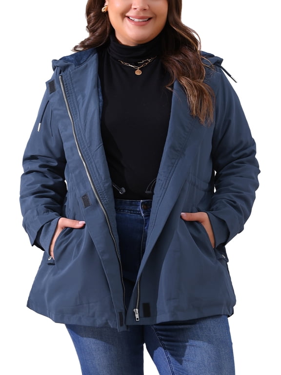 Women's Plus Size Rain Jacket Waterproof Fleece Lined Jackets Hooded Windbreaker Long Coat with Pockets 1X Navy Blue