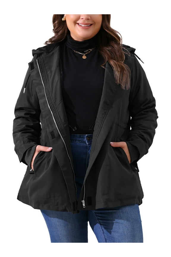 Women's Plus Size Rain Jacket Waterproof Fleece Lined Jackets Hooded Windbreaker Long Coat with Pockets 2X Black