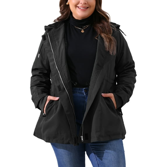 Agnes Orinda Women's Plus Size Rain Jacket Waterproof Fleece Lined Jackets Hooded Windbreaker Long Coat with Pockets 2X Black