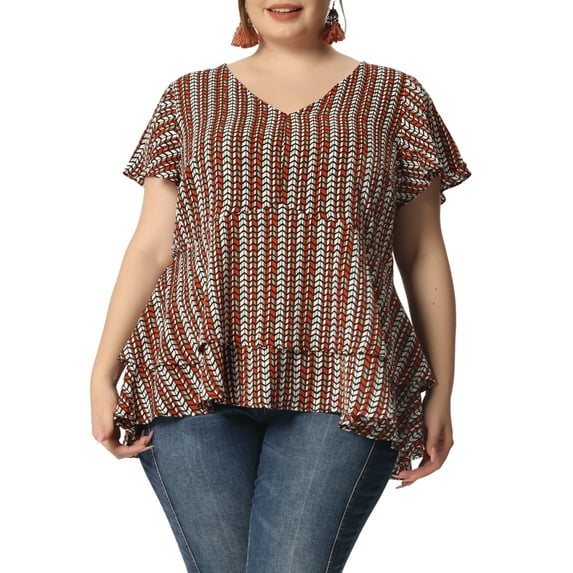 Agnes Orinda Women's Plus Size Retro Layered Ruffle Hem V Neck Top 3X Red