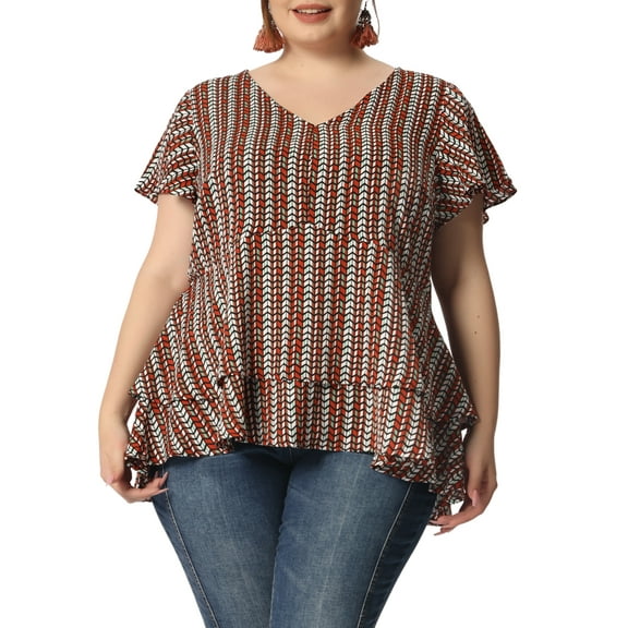 Agnes Orinda Women's Plus Size Retro Layered Ruffle Hem V Neck Top 4X Red
