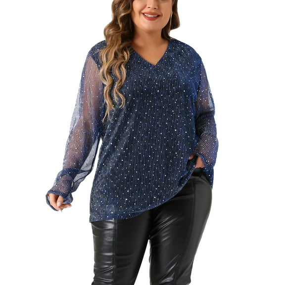 Agnes Orinda Women's Plus Size Rhinestone Glitter Bling Sheer Long Sleeve V Neck Blouse 2X Blue