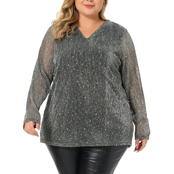 Agnes Orinda Women's Plus Size Rhinestone Glitter Bling Sheer Long Sleeve V Neck Blouse 2X Silver