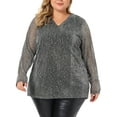 thumbnail image 1 of Agnes Orinda Women's Plus Size Rhinestone Glitter Bling Sheer Long Sleeve V Neck Blouse 4X Silver, 1 of 6