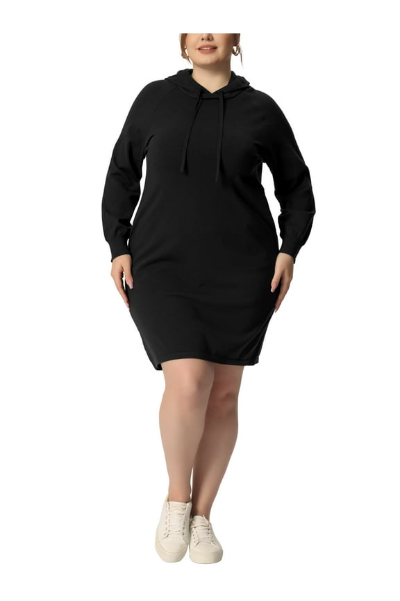 Women's Plus Size Rib Knit Pullover Sweater Long Sleeve Hooded Bodycon Dress Army 2X Black