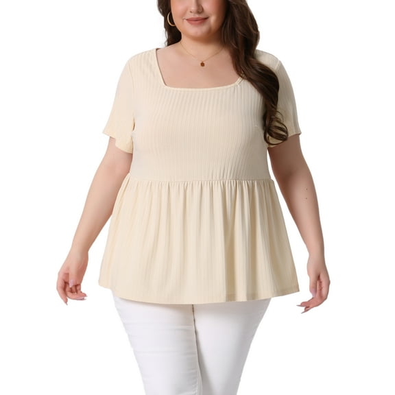 Agnes Orinda Women's Plus Size Rib Shirts Solid Peplum Tops Square Neck Babydoll Clothes Blouses 3X Beige