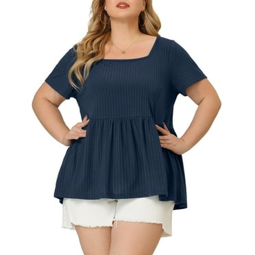 Agnes Orinda Women's Plus Size Rib Shirts Solid Peplum Tops Square Neck Babydoll Clothes Blouses 2X Navy Blue