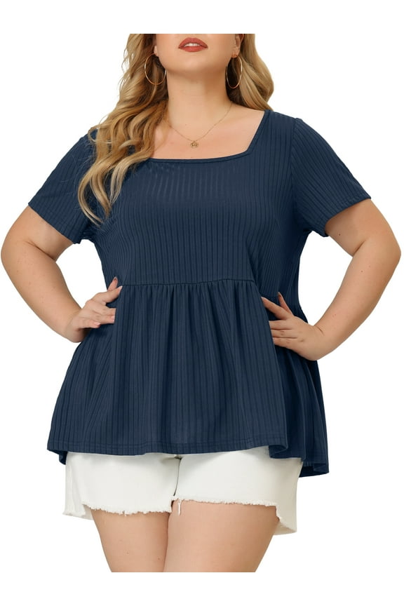 Women's Plus Size Rib Shirts Solid Peplum Tops Square Neck Babydoll Clothes Blouses 2X Navy Blue