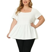 Agnes Orinda Women's Plus Size Rib Shirts Solid Peplum Tops Square Neck Babydoll Clothes Blouses 3X White