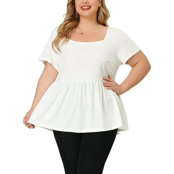 Agnes Orinda Women's Plus Size Rib Shirts Solid Peplum Tops Square Neck Babydoll Clothes Blouses 3X White