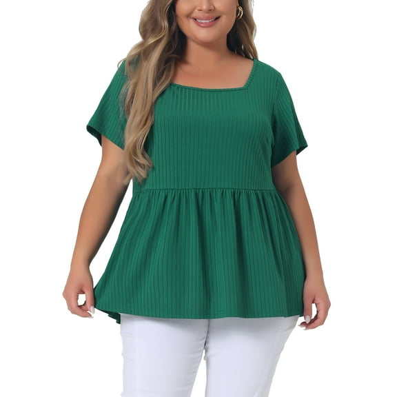 Agnes Orinda Women's Plus Size Rib Shirts Solid Peplum Tops Square Neck Babydoll Clothes Blouses 4X Green