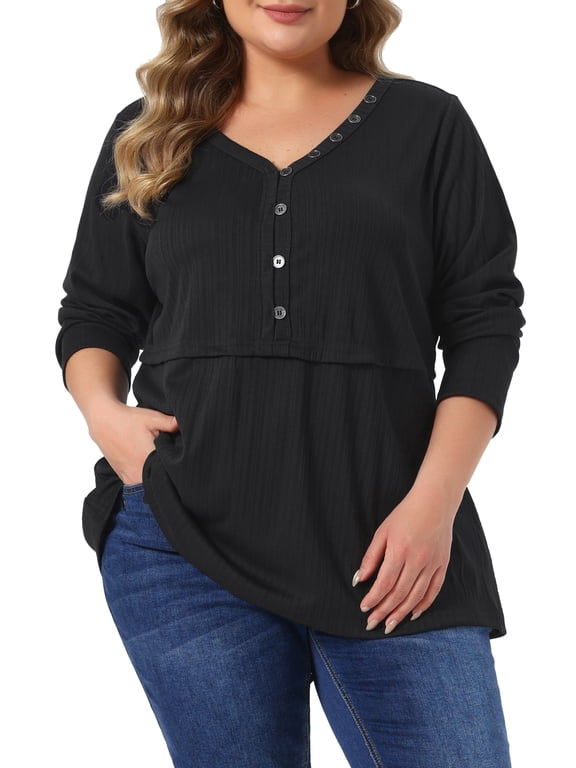 Women's Plus Size Halloween Outfits Ribbed Henley V Neck Tunic Top Button Decor Long Sleeve Flared Peplum Shirt Casual Knit Blouses 2X Black