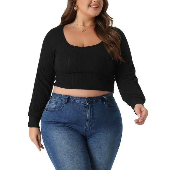 Agnes Orinda Women's Plus Size Ribbed Knit Soft Warm Outfits Long Sleeve Crop Tops