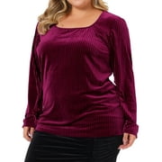 AGNES ORINDA Women's Plus Size Ribbed Velvet Textured Elegant Long Sleeve Blouse