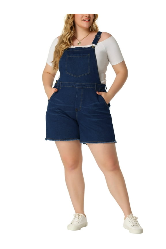 Women's Plus Size Ripped Raw Hem Chambray Short Denim Jumpsuit